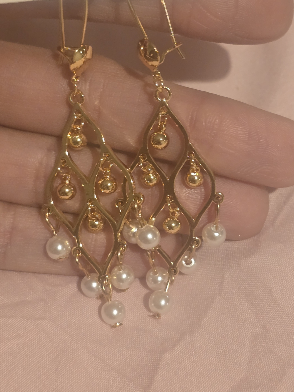 22K Gold Plated Elegant Gold-Tone Pearl Dangle Earrings - Women Jewelry